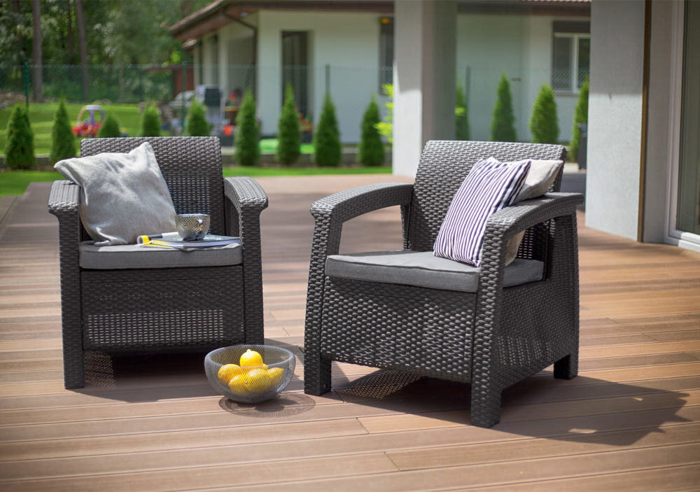 Zestaw mebli ogrodowych KETER CORFU II DUO Brązowo-beżowy z wysokiej jakosci tworzyw sztucznych imituje naturalny splot rattanowy technorattan wytrzymalosc