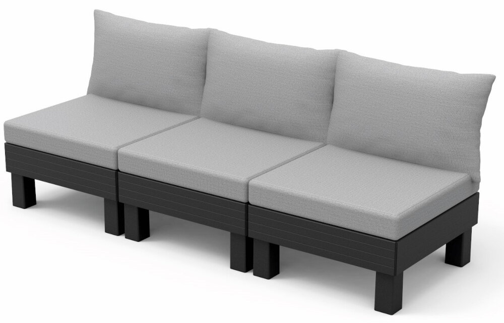 Sofa ogrodowa KETER 3 Elements 257364 Grafitowy sofa na białym tle ustawiona pod skosem od przodu wygodna funkcjonalna strefa wypoczynku na świeżym powietrzu do użytku na tarasie w ogrodzie na dużym balkonie trzy miejsca sofa modułowa składa się z trzech foteli