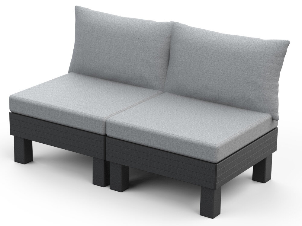 Sofa ogrodowa KETER 2 Elements 257365 Grafitowy sofa na białym tle ustawiona pod skosem od przodu wygodna funkcjonalna strefa wypoczynku na świeżym powietrzu do użytku na tarasie w ogrodzie na dużym balkonie dwa miejsca
