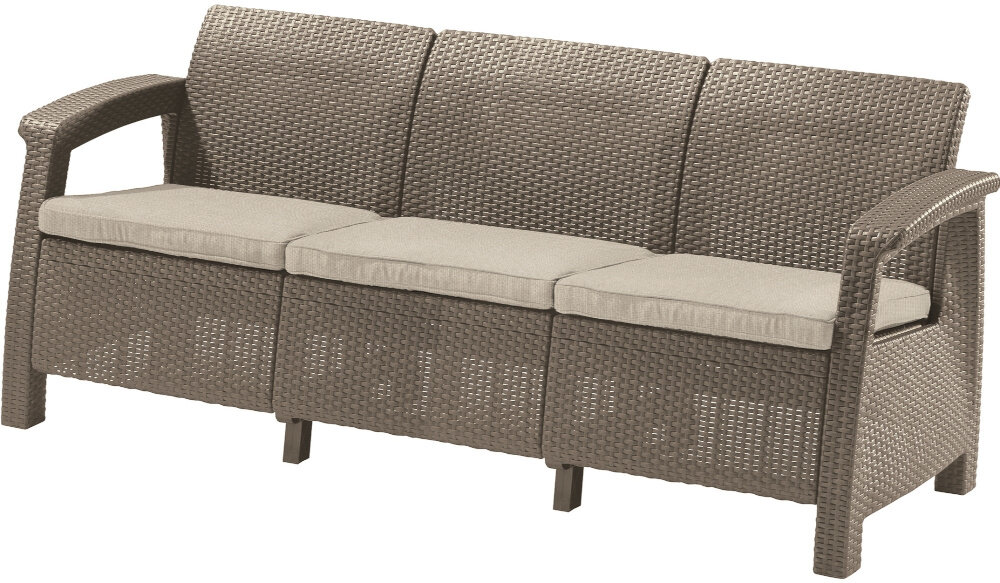 Sofa ogrodowa KETER Corfu II Max Love - OAT 258978 Cappuccino sofa na białym tle widoczna pod skosem niewielkie rozmiary 182 x 70 x 79 cm odpoczynek na świeżym powietrzu obciążenie do 330 kg