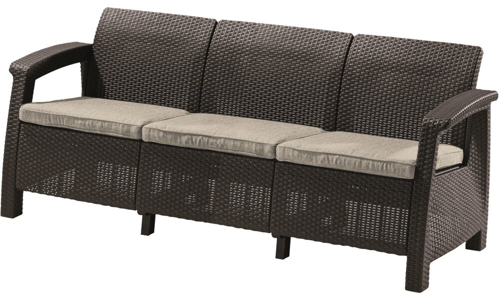 Sofa ogrodowa KETER Corfu II Max Love - OAT 258947 Brązowy sofa na białym tle widoczna pod skosem 3-osobowa odpowiednia atmosfera na balkon taras do ogrodu kompatybilność z innymi elementami kolekcji KETER Corfu II Max Love - OAT 258947 wymarzony kącik do odpoczynku