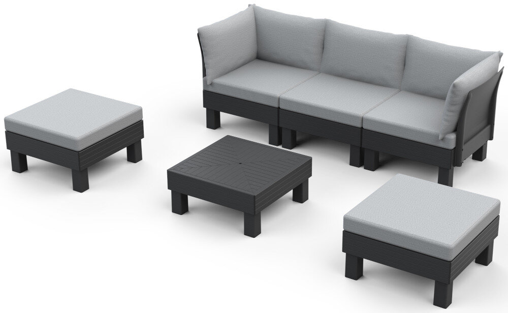 Pufa ogrodowa KETER Elements Single Hocker 257368 Grafitowo-szary zestaw mebli na białym tle siedzisko obciążenie do 110 kg bezpieczne i stabilne warunki użytkowania sześć miękkich poduszek wysoki komfort wypoczynku wymiary 65 x 65 x 38 cm