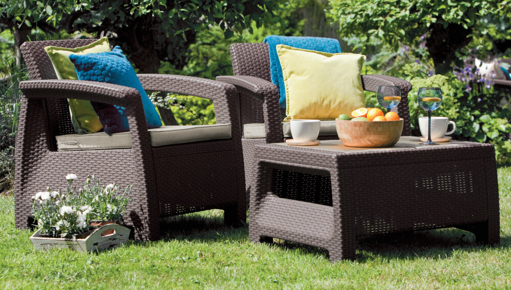 Meble ogrodowe KETER CORFU II WEEKEND BROWN - OAT 258953 do picia kawy czytania ksiazki sluchania muzyki fotel wymiary 75 x 70 x 79 cm maksymalne obciazenie do 110 kg w zestawie dwa fotele