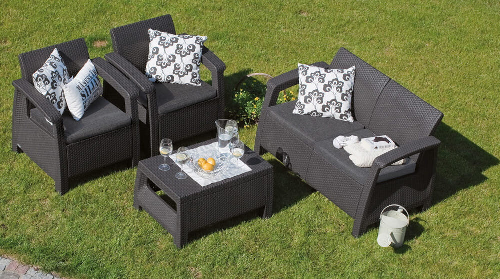 Zestaw mebli ogrodowych KETER Corfu 258952 Brązowo-beżowy podwojna sofa wymiary 79 x 70 x 128 cm oplywowy uniwersalny ksztalt miejsce dla 4 osob