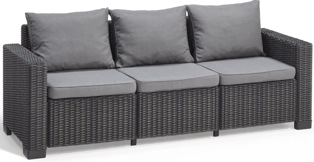 Zestaw mebli ogrodowych KETER California Chaise Longue 256622 Grafitowy, odpoczynek, wybór, taras, ogród, lato, Na zdjęciu sofa na białym w pełnym rozłożeniu, na wprost lewo skos