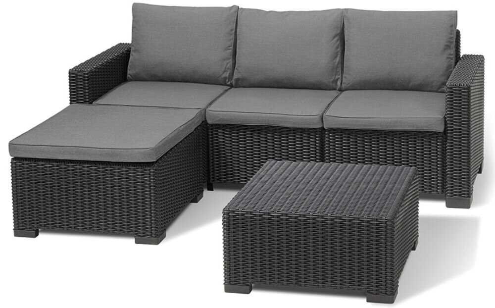 Zestaw mebli ogrodowych KETER California Chaise Longue 256622 Grafitowy, stolik, narożnik, modułowa konstrukcja, oddzielnie, Zestaw w pełni rozstawiony na białym tle, frontem na wprost