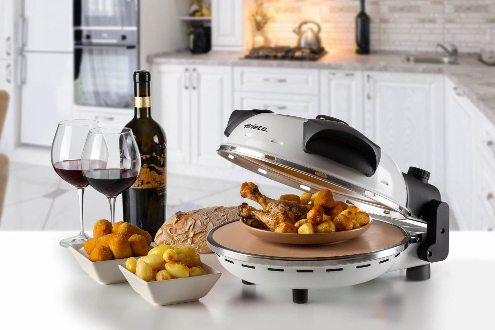 Piec do pizzy ARIETE 918 00 1200W średnica 33 cm Biały efekt żaroodporny kamień czyszczenie nieprzywierająca powłoka
