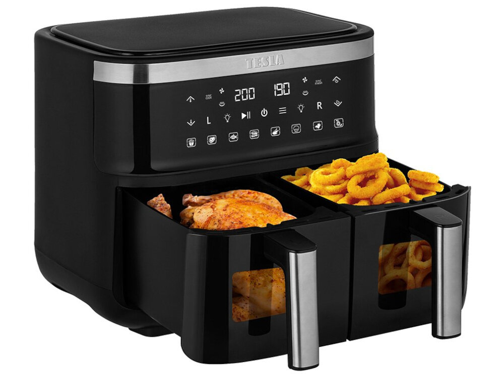 Frytkownica beztłuszczowa TESLA AirCook Dualzone Q450 XXL Czarno-srebrny Air Fryer wygoda wymiary timer