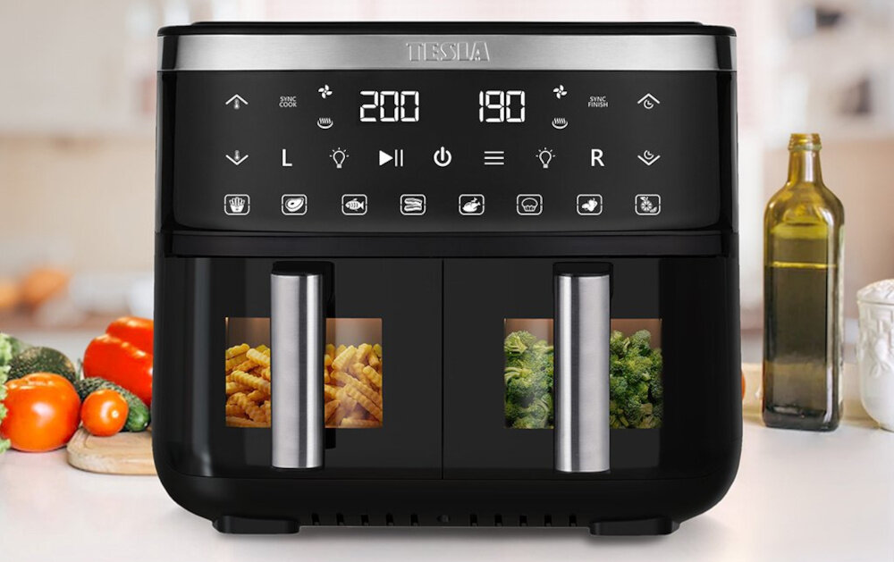 Frytkownica beztłuszczowa TESLA AirCook Dualzone Q450 XXL Czarno-srebrny Air Fryer jakosc wygoda gotowanie kuchnia