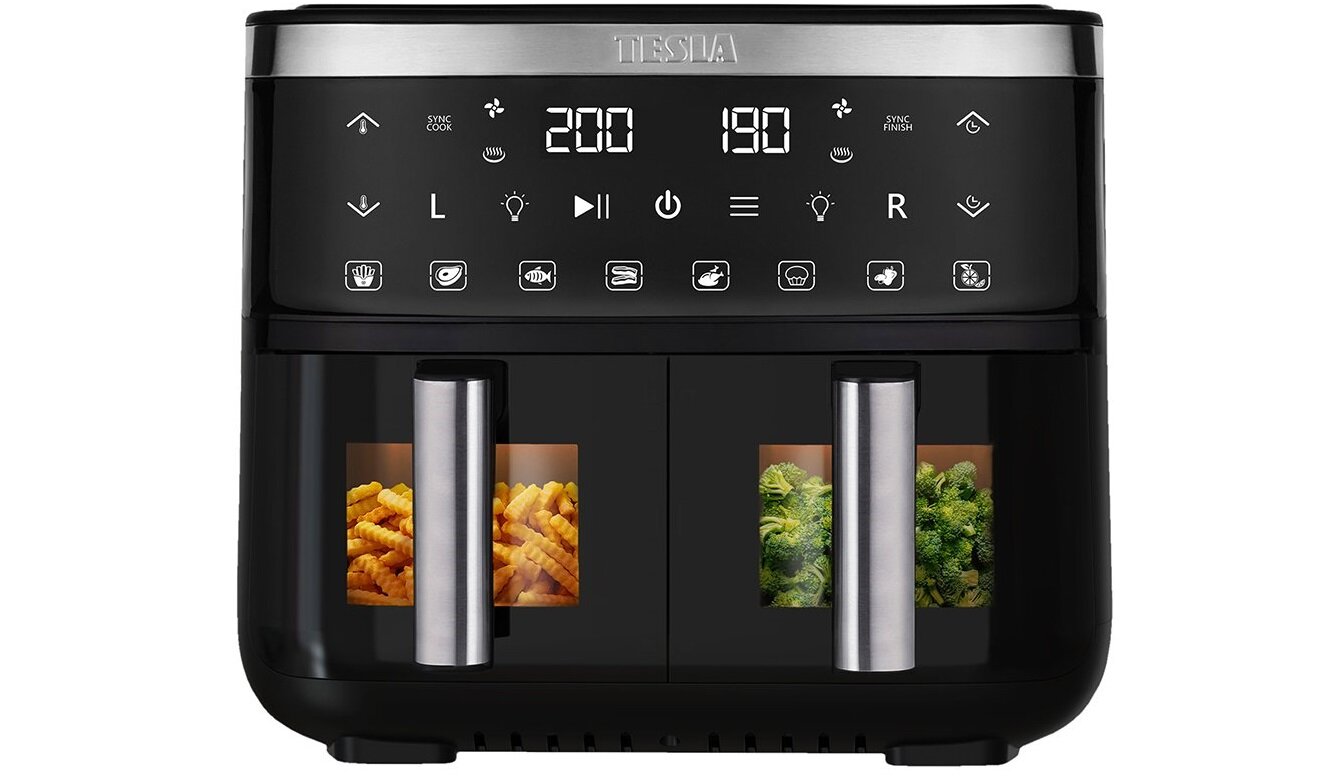 Frytkownica beztłuszczowa TESLA AirCook Dualzone Q450 XXL Czarno-srebrny Air Fryer sygnal dzwiekowy informacja