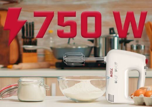 Mikser ręczny MMR-19/B na kuchennym blacie, obok miska z mąką i jaja. Oznaczenie mocy 750 W.