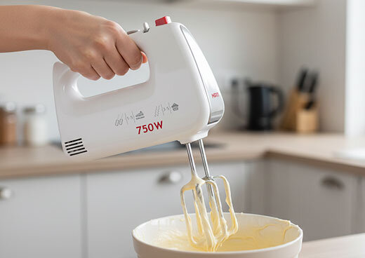 Mikser ręczny MMR-19/B z mieszadłami zamontowanymi na uchwycie.