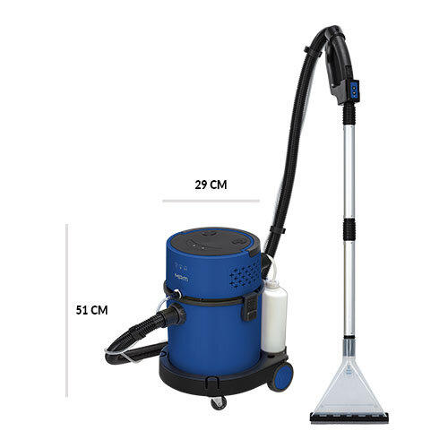 Odkurzacz piorący z oznaczeniem poszczególnych wymiarów.