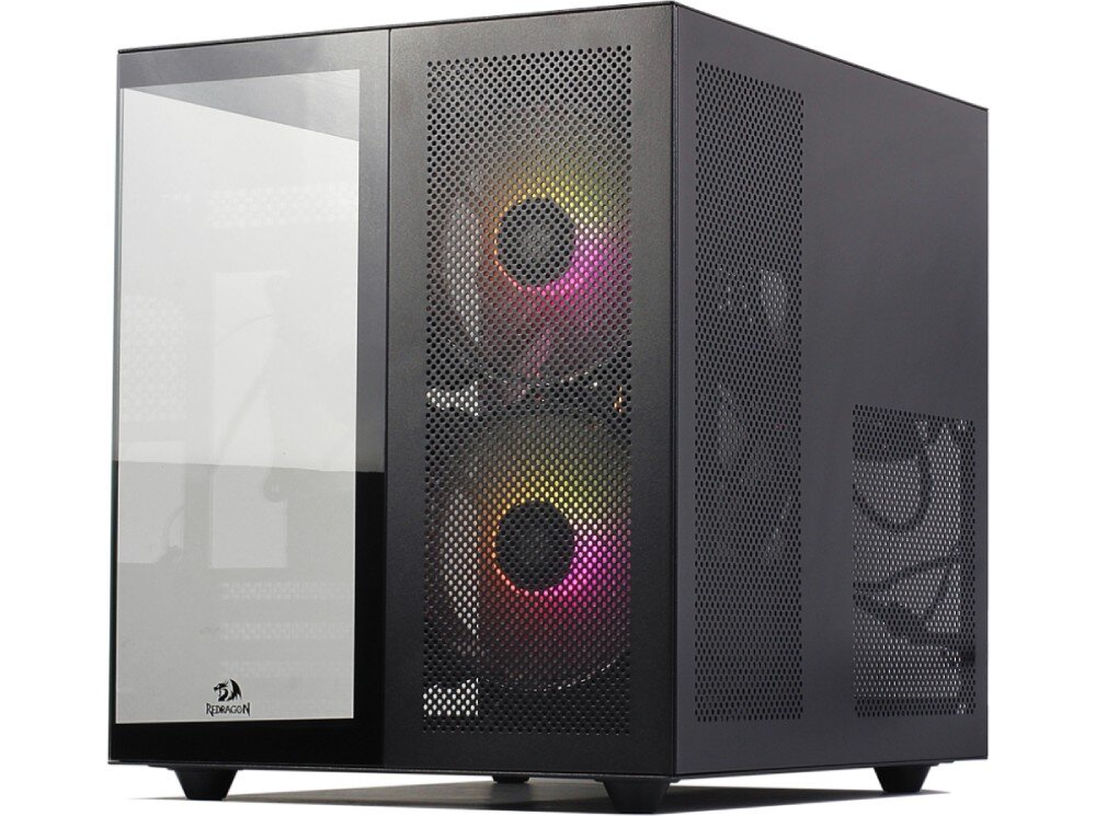Obudowa REDRAGON Pagos 2 Ujęcie pod kątem na lewą i przednią stronę obudowy z widoczną perforacją frontu i bocznym panelem ze szkła hartowanego, wygląd, szklany bok, podświetlenie