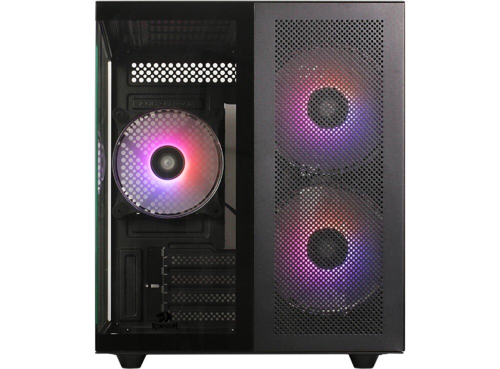 Obudowa REDRAGON Pagos 2 Widok z przodu na obudowę z dwoma podświetlanymi wentylatorami na froncie oraz jednym z tyłu za panelem bocznym z hartowanego szkła, aranżacja kabli