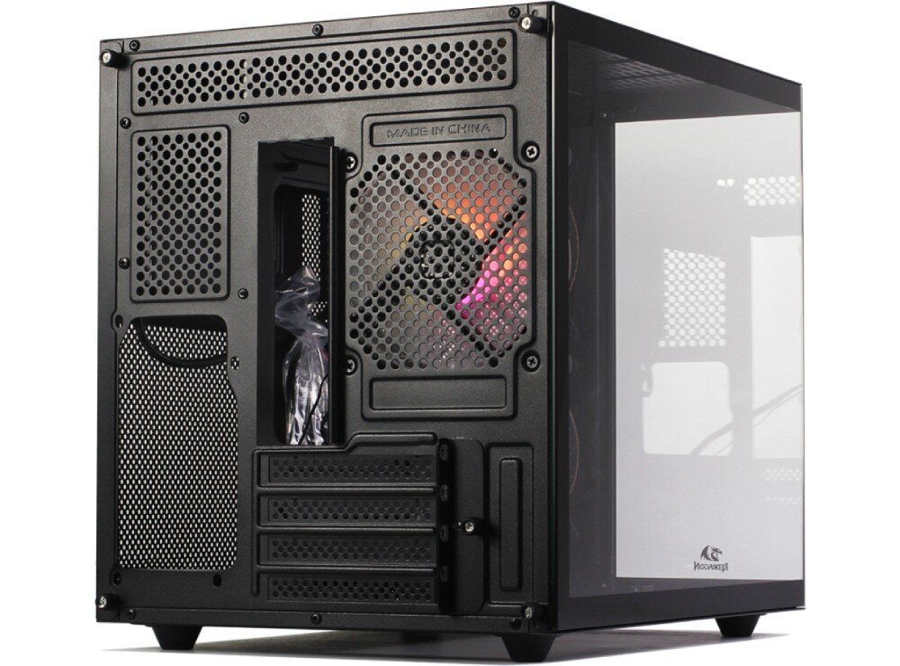 Obudowa REDRAGON Pagos 2 Tył obudowy z widocznymi czterema slotami rozszerzeń, perforowanymi panelami wentylacyjnymi i jednym wentylatorem z podświetleniem, kompatybilność, płyty główne, chłodzenie wodne