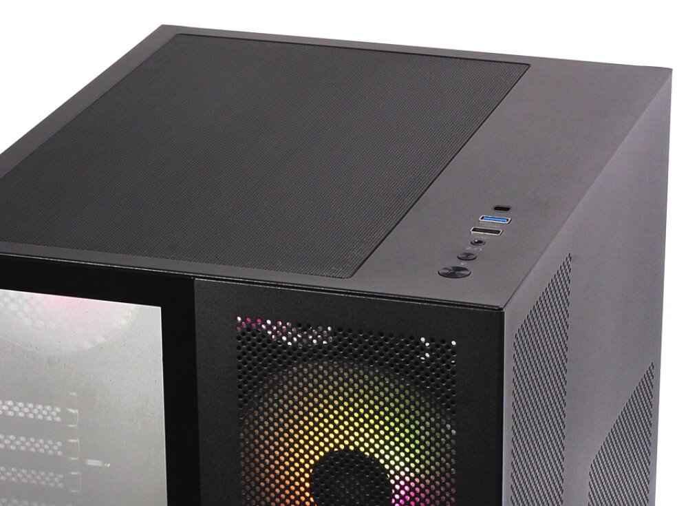 Obudowa REDRAGON Pagos 2 Górna część obudowy z widoczną perforacją oraz panelem I/O zawierającym porty USB, audio i przycisk zasilania, porty, złącza