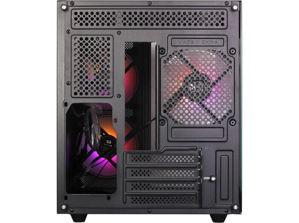 Obudowa REDRAGON Pagos 2 Pełny widok tylnej ściany obudowy z perforacjami wentylacyjnymi, czterema slotami rozszerzeń i podświetlanym wentylatorem, wnęki na dyski