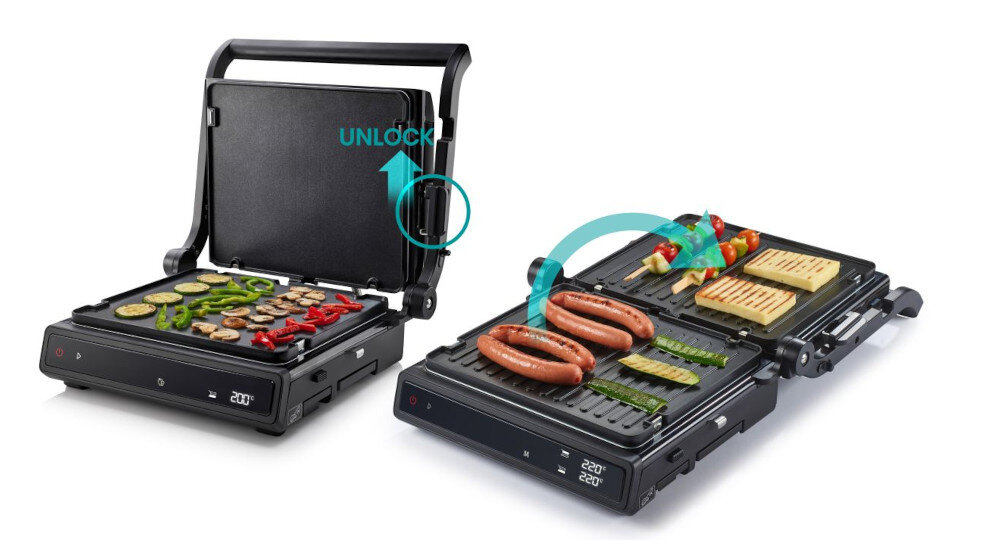 Grill elektryczny HISENSE HCG1600DBT otwarty grillowanie funkcjonalność