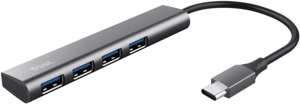 Hub TRUST Halyx 24948 Szary hub USB z czterema portami i kablem zakończonym wtyczką USB-C na białym tle