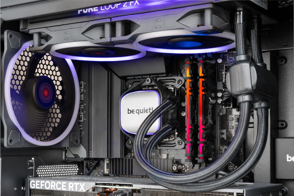 Komputer MAD DOG BQ500FX-I03DR i5-14600KF 32GB RAM 2TB SSD GeForce RTX4070 CS2 Reflex Edition chłodzenie wpdne CPU wentylator chłodnica pompa temperatura obciążenie