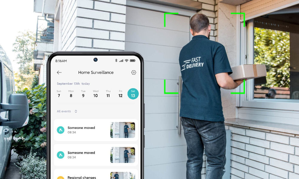 Kamera Xiaomi CW400 analiza ruchu SI alerty światła dźwięk, osoba dostarczająca paczkę do domu