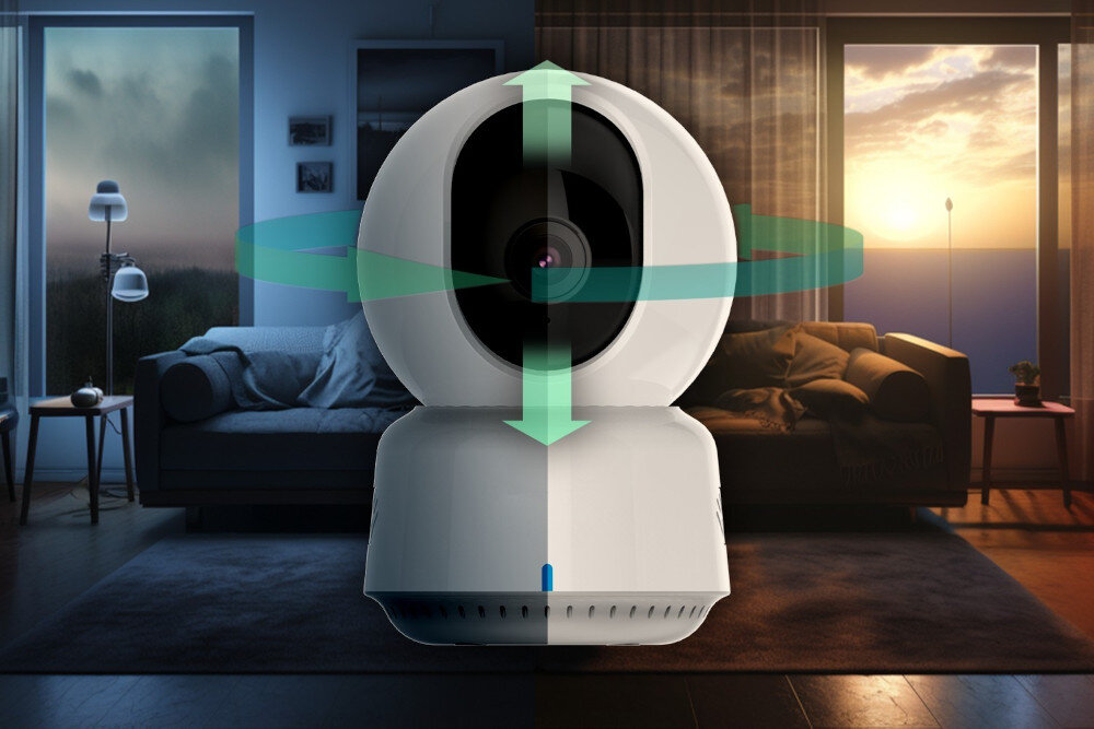 Kamera AQARA E1 CH-C01E - Pełny zakres widzenia, kamera od frontu, w tle pomieszczenie za dnia i w nocy