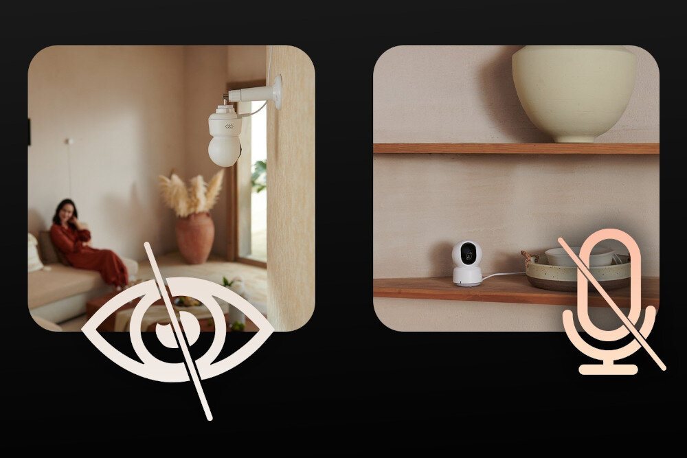 Kamera AQARA E1 CH-C01E - Kontrola prywatności, zasłonięta zasłona kamery przymocowanej do ściany w pokoju