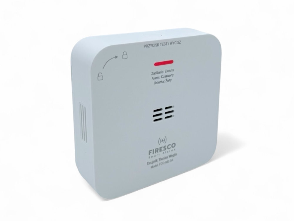 FIRESCO FCO-850 SA monitoruje poziom tlenku węgla alarm dźwiękowy o głośności około 85 dB czerwoną diodę LED