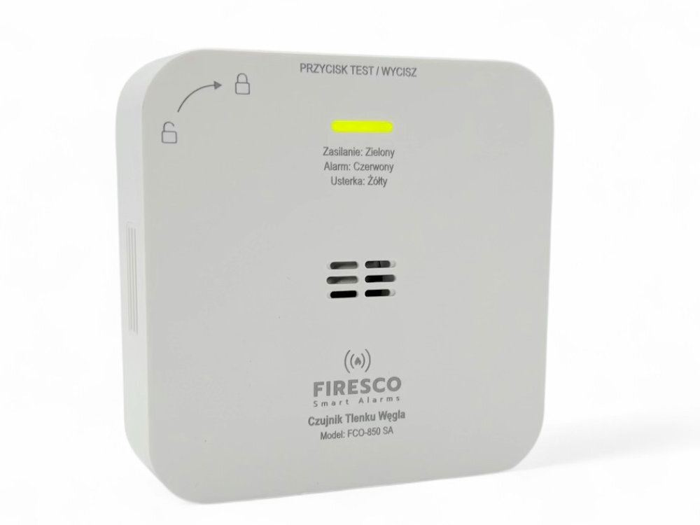FIRESCO FCO-850 SA monitoruje poziom naładowania baterii, stan sensora obwody wewnętrzne żółtej diody LED odpowiedniego sygnału dźwiękowego