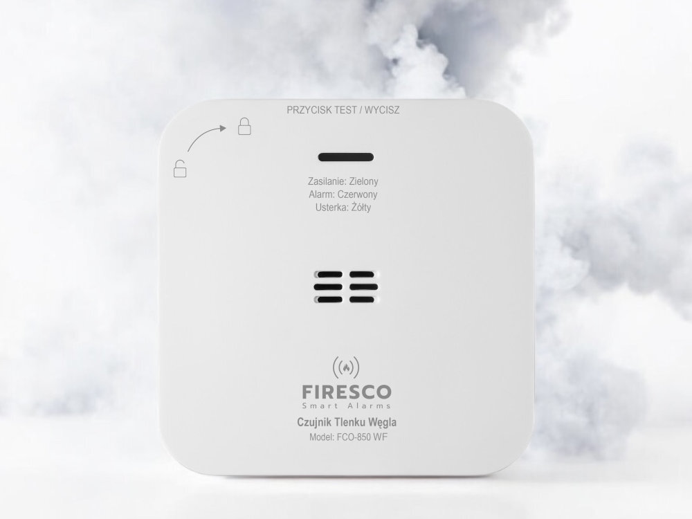 FIRESCO FCO-850 WF monitoruje poziom tlenku węgla alarm dźwiękowy o głośności około 85 dB czerwoną diodę LED