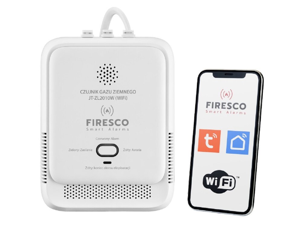 Czujnik gazu FIRESCO JT-ZL2010W modul Wi-Fi integracja z systemem Tuya powiadomienia alarmowe komunikaty na smartfonie w czasie rzeczywistym na systemy Android i iOS