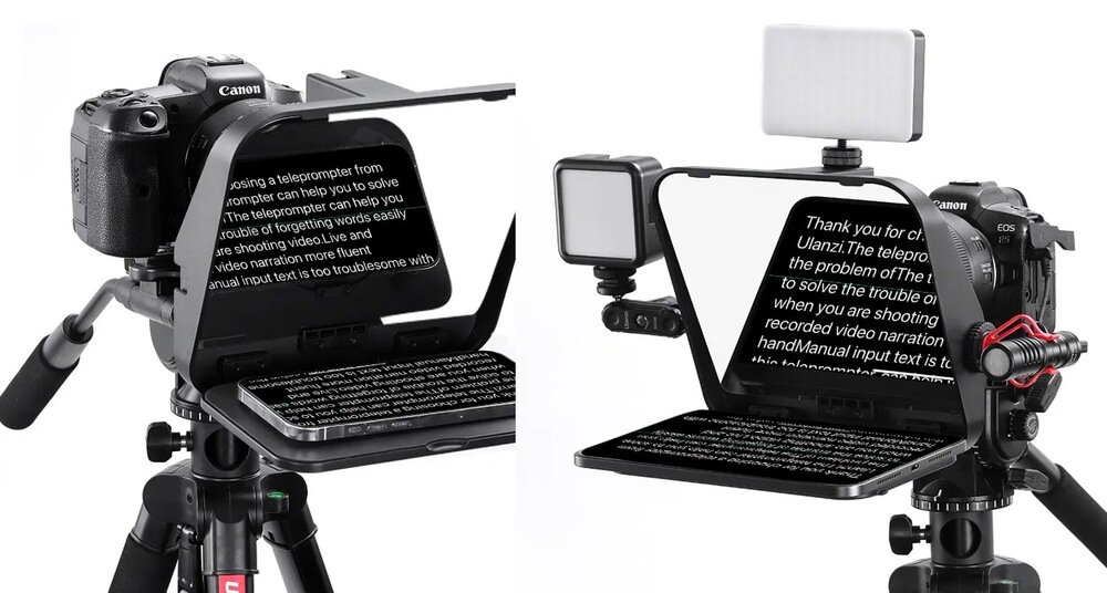 Teleprompter Ulanzi RT02 z zamontowanym aparatem, lampą i mikrofonem