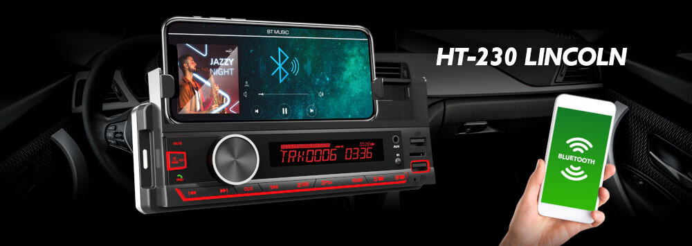 Radio samochodowe VORDON HT-230 Lincoln wielofunkcyjne stereo podświetlenie stacje radiowe, radio po skosie na kolorowym tle