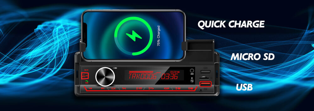 Radio samochodowe VORDON HT-230 Lincoln USB Quick Charge microSD złącza ISO, radio po skosie na niebieskim tle