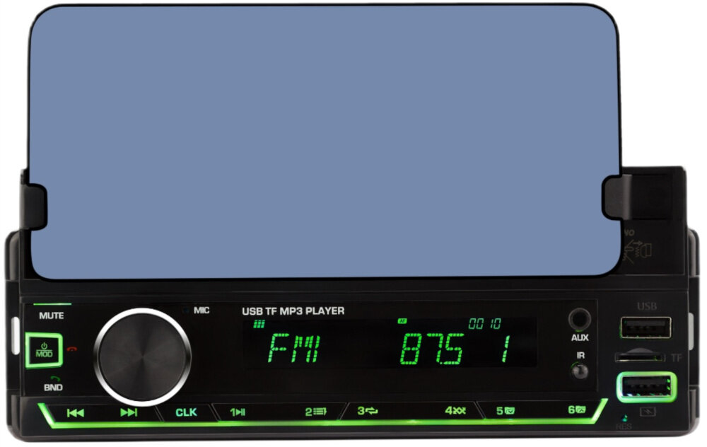 Radio samochodowe VORDON HT-230 Lincoln pilot zdalny uchwyt telefonu zegar, radio na białym tle od forntu