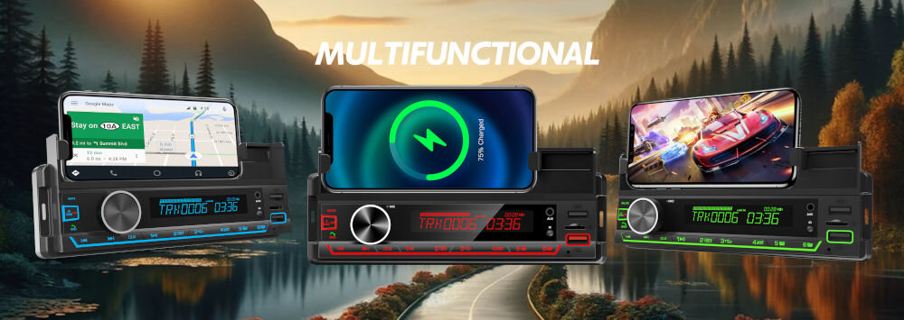 Radio samochodowe VORDON HT-230 Lincoln RDS AUX 3.5 mm komfort jazdy, trzy radia w różnych pozycjach na tle górzystego krajobrazu