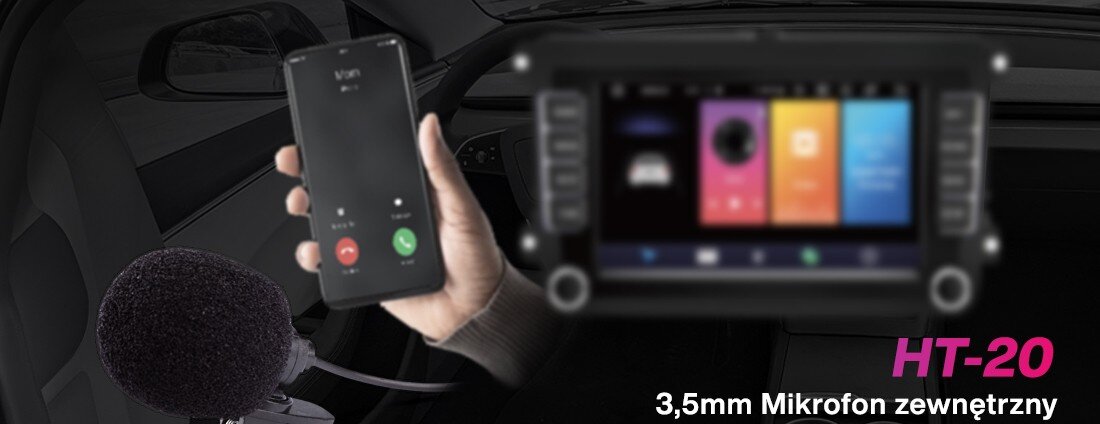 Mikrofon VORDON HT-20 do radia samochodowego rozmowy głośnomówiące wyraźny dźwięk, mikrofon po skosie , ręka trzymająca smartfon na tle wnętrza samochodu