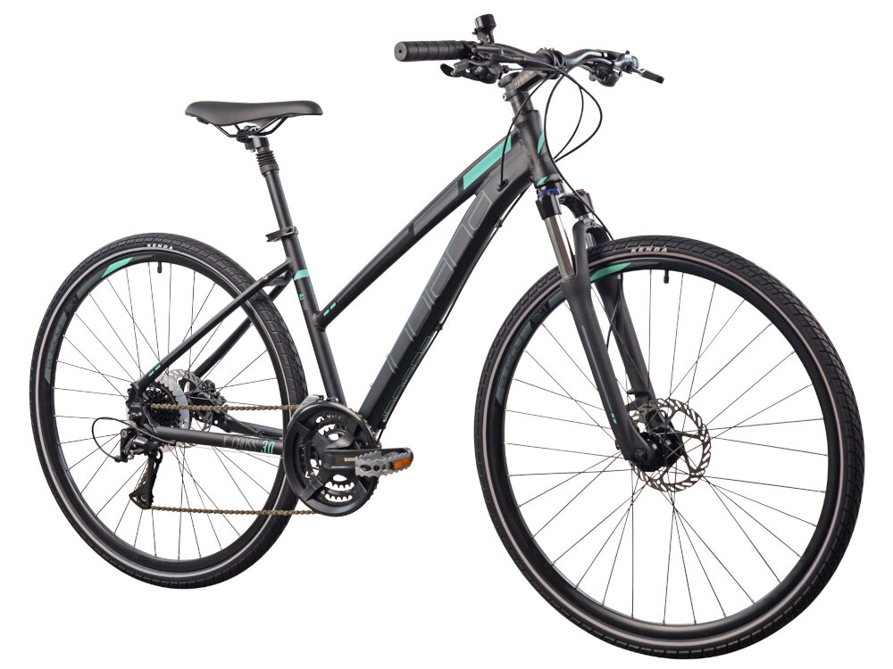 Rower crossowy INDIANA X-Cross 3.0 D19 damski Czarno-turkusowy uniwersalny pojazd jednosladowy do jazdy na drogach asfaltowych i gruntowych polnych drozkach siodelko umieszczone nieco wyzej niz kierownica wygodna wyprostowana pozycja podczas jazy latwa kontrola kierownica i siodelko sa regulowane dopasowanie pozcycji ciala do jazdy