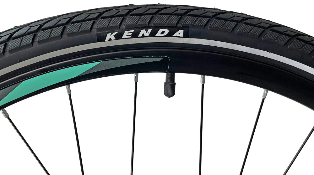 Rower crossowy INDIANA X-Cross 3.0 D19 damski Czarno-turkusowy kola rozmiar 28 cali latwiej pokonac rozne przeszkody waskie opony marki KENDA glebszy bieznik regularne sprawdzanie cisnienia powietrza wartosc na bocznej czesci opony