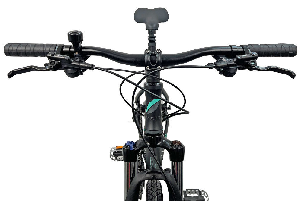 Rower crossowy INDIANA X-Cross 3.0 D19 damski Czarno-turkusowy kierownica marki SOVEREIGN typ SE-707 W.680 aluminiowy wspornik lekka trwala antyposlizgowy material dlonie nie slizgaja sie jazda jest bezpieczna dzwonek