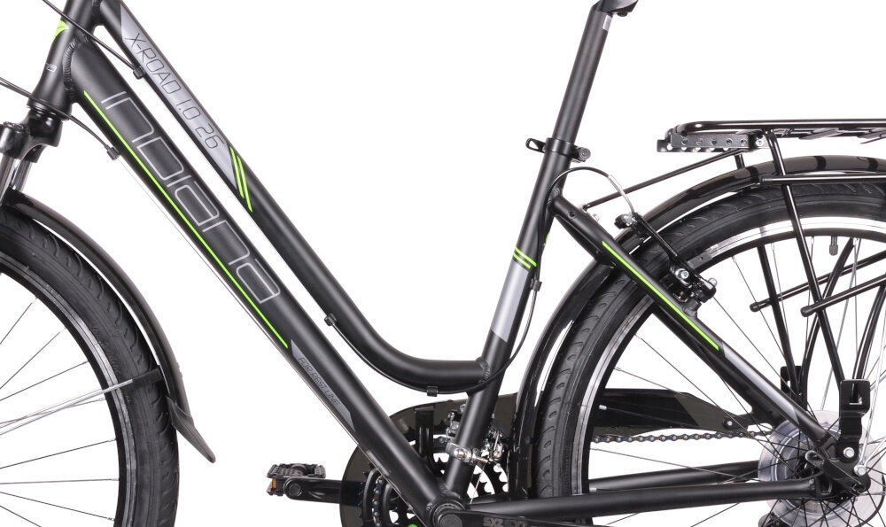 Rower trekkingowy INDIANA X-Road 1.0 D19 26 cali damski Czarno-zielony rama aluminiowa 19-calowa rower zwinny lekki latwo go podniesc odporna na korozje wybor rozmiaru ramy Twoj wzrost mierzony w zrelaksowanej pozycji typ roweru dla osob o wzroscie od 174 do 180 cm