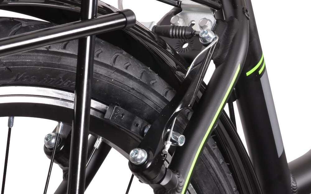 Rower trekkingowy INDIANA X-Road 1.0 D19 26 cali damski Czarno-zielony podstawa bezpieczenstwa kazdego rowerzysty hamulce V-Brake na przod i na tyl lekkie duza sila hamowania