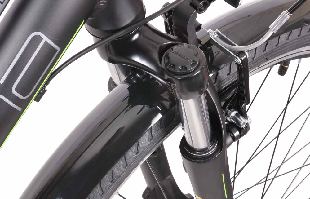 Rower trekkingowy INDIANA X-Road 1.0 D19 26 cali damski Czarno-zielony korba AMAR SXZ 28/38/48 efektywne przenoszenie mocy przez pedaly wolnobieg SHIMANO MF-TZ500 14-28 7 Speed niezrownana solidnosc w najtrudniejszych warunkach lancuch oslona ochrona przed brudem