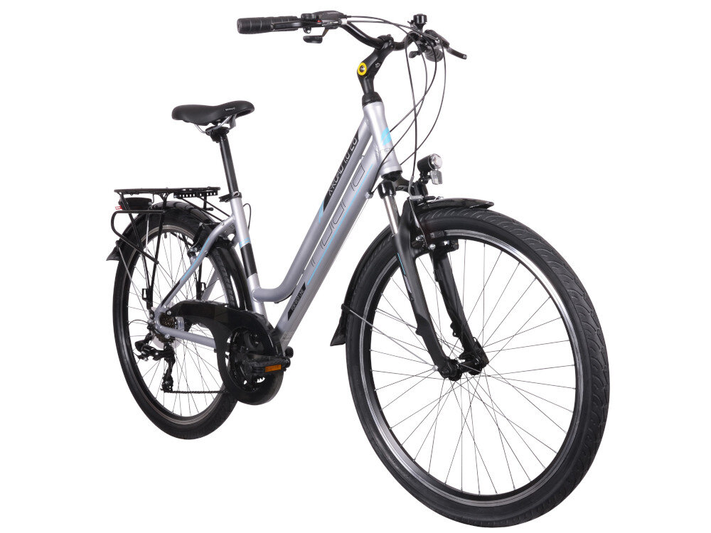 Rower trekkingowy INDIANA X-Road 1.0 D17 26 cali damski Srebrny do jazdy w miescie i poza miastem dla kobiet komfort jazdy po asfalcie i po nieutwardzonych drogach trekkingowa geometria jazda w niemeczacej naturalnej wyprostowanej pozycji odpowiednia widoscznosc