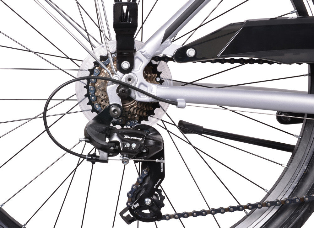 Rower trekkingowy INDIANA X-Road 1.0 D17 26 cali damski Srebrny 21 biegow przerzutki SHIMANO Tourney duza wytrzymalosc sprawne dzialanie plynna bezproblemowa zmiana biegow