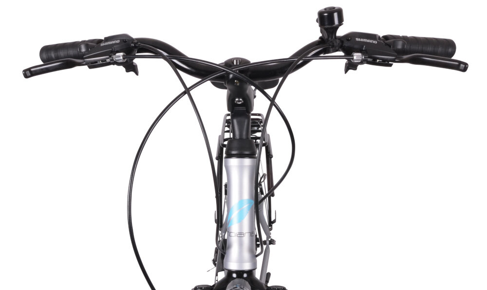 Rower trekkingowy INDIANA X-Road 1.0 D19 26 cali damski Srebrny aluminiowa kierownica marki SOVEREIGN lekka antyposlizgowy material na manetkach dzwonek