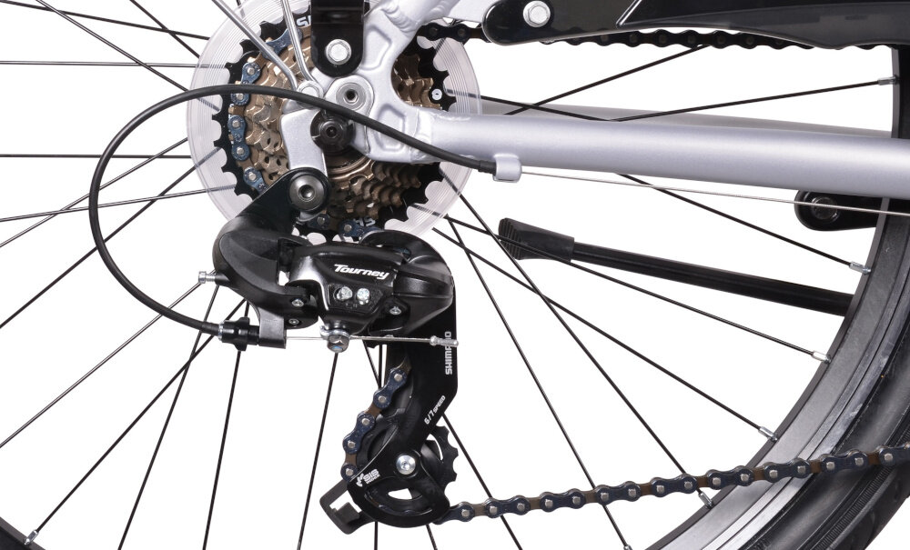 Rower trekkingowy INDIANA X-Road 1.0 D19 26 cali damski Srebrny 21 biegow przerzutki SHIMANO Tourney duza wytrzymalosc sprawne dzialanie plynna bezproblemowa zmiana biegow