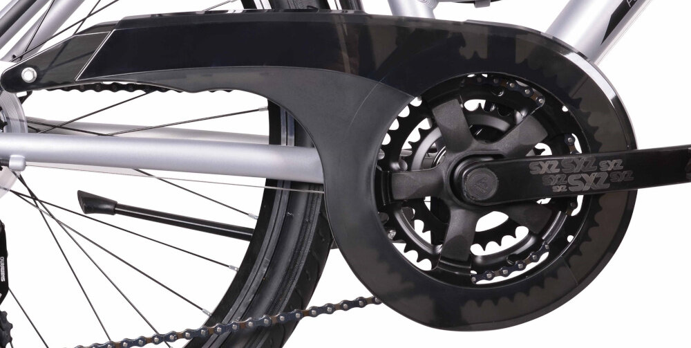 Rower trekkingowy INDIANA X-Road 1.0 D19 26 cali damski Srebrny korba AMAR SXZ 28/38/48 efektywne przenoszenie mocy przez pedaly wolnobieg SHIMANO MF-TZ500 14-28 7 Speed niezrownana solidnosc w najtrudniejszych warunkach lancuch oslona ochrona przed brudem