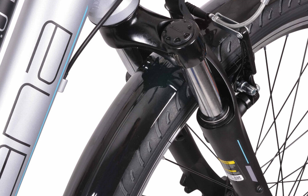 Rower trekkingowy INDIANA X-Road 1.0 D19 26 cali damski Srebrny rower typu hardtail przedni amortyzator marki HL Corp typ CH-141 ulatwia najezdzanie na przeszkody niweluje wstrzasy regulacja za pomoca sprezyny